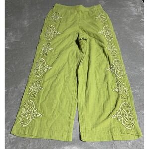 Sundance Wide Leg Pants Womens Medium Green Gauze Embroidered Boho Hippie